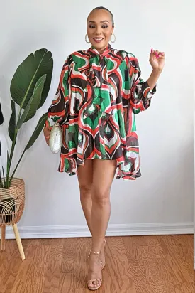 040925 Green Red Multi Print Bow Tie Flowy Oversized Blouse