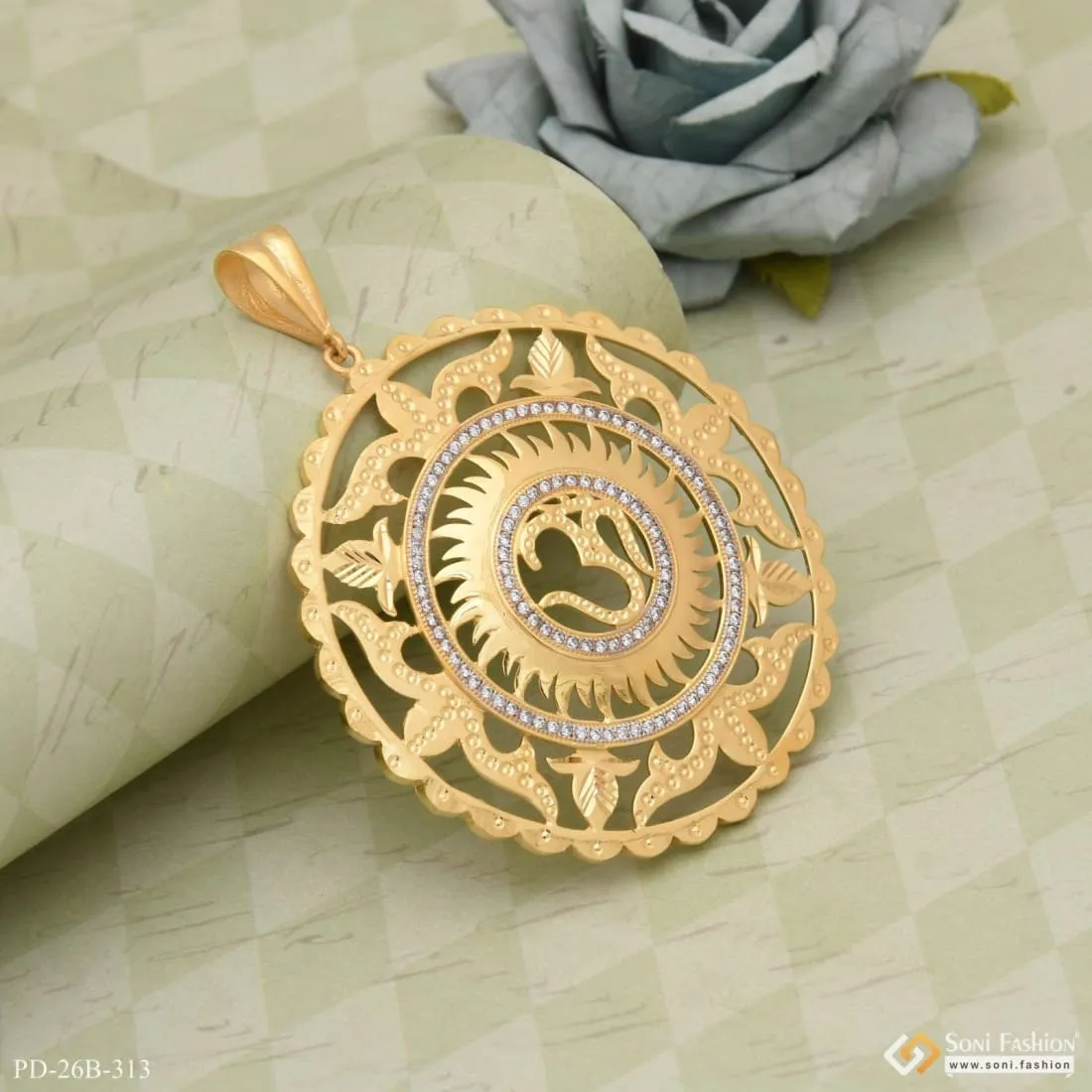 1 Gram Gold Forming Om with Diamond Fashionable Design Pendant for Men - Style B313