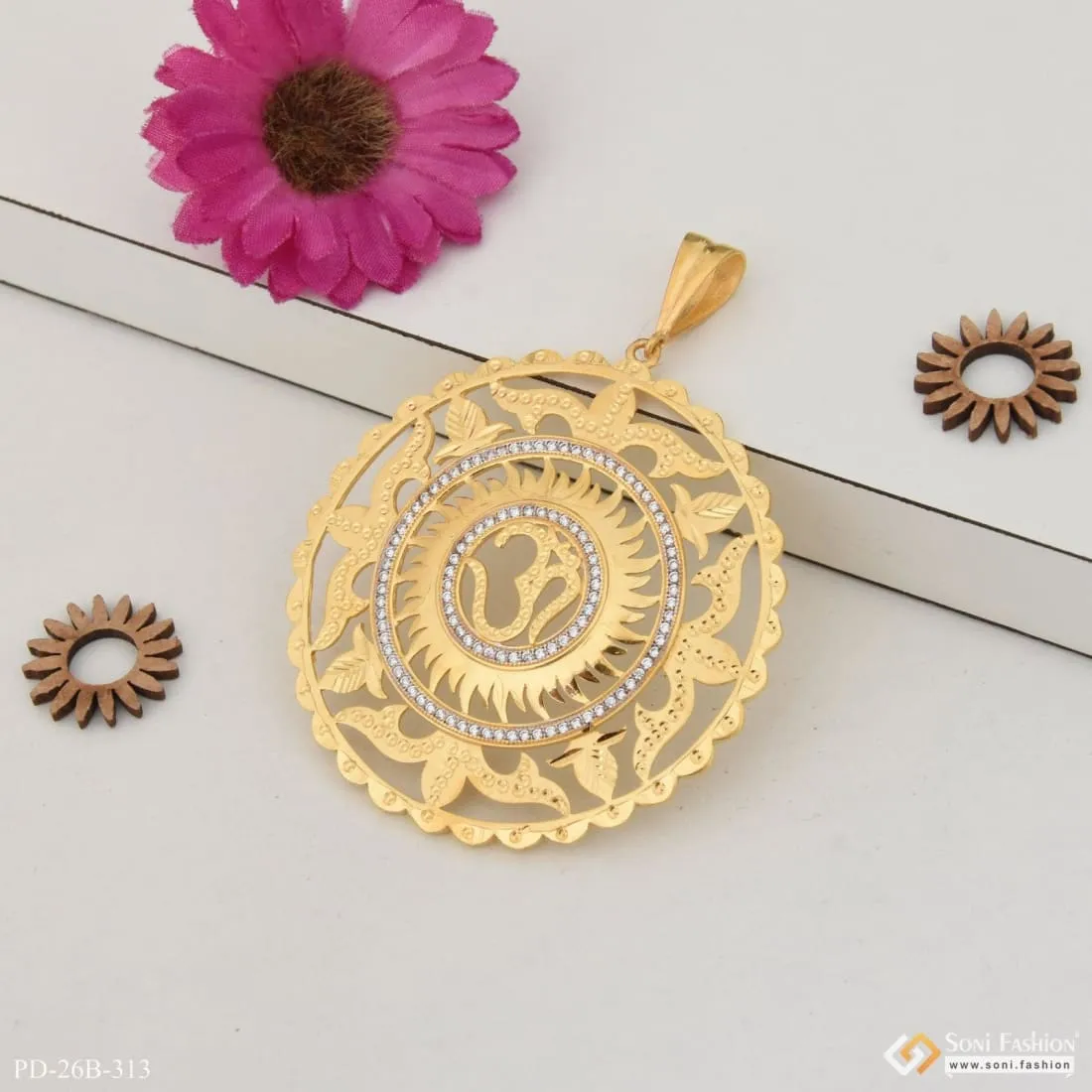 1 Gram Gold Forming Om with Diamond Fashionable Design Pendant for Men - Style B313