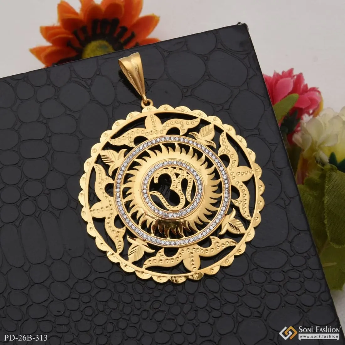 1 Gram Gold Forming Om with Diamond Fashionable Design Pendant for Men - Style B313