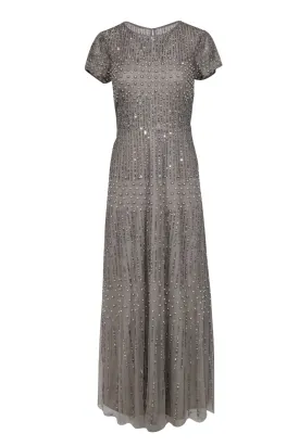 Adrianna Papell - Taupe Short Sleeve Tulle Gown w/ Sequins & Pearls Sz 10P