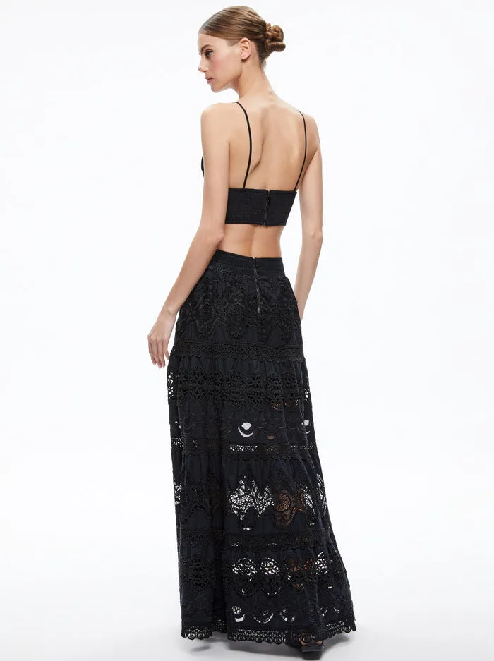 Alice and Olivia Cali Embroidery Tiered Maxi Skirt- Black