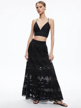 Alice and Olivia Cali Embroidery Tiered Maxi Skirt- Black