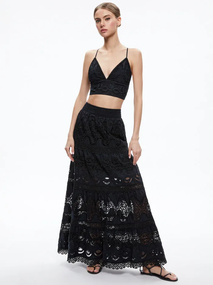 Alice and Olivia Cali Embroidery Tiered Maxi Skirt- Black