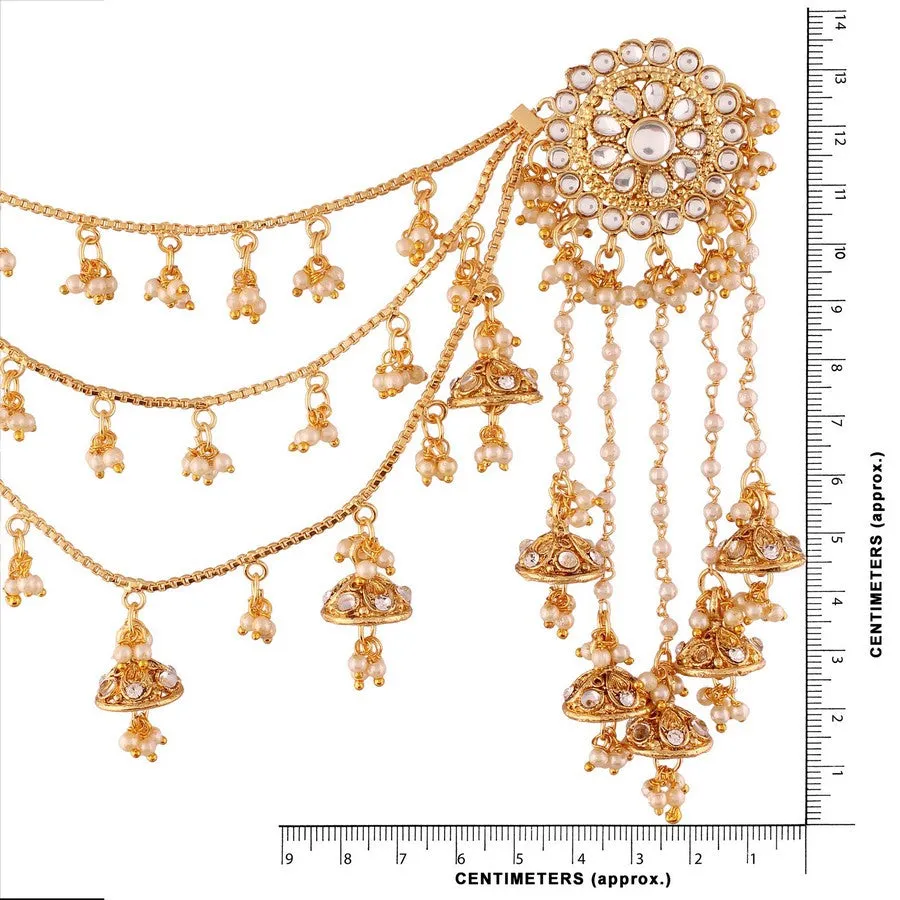 Alloy Jhumka Earring with Hair Chain in Gold