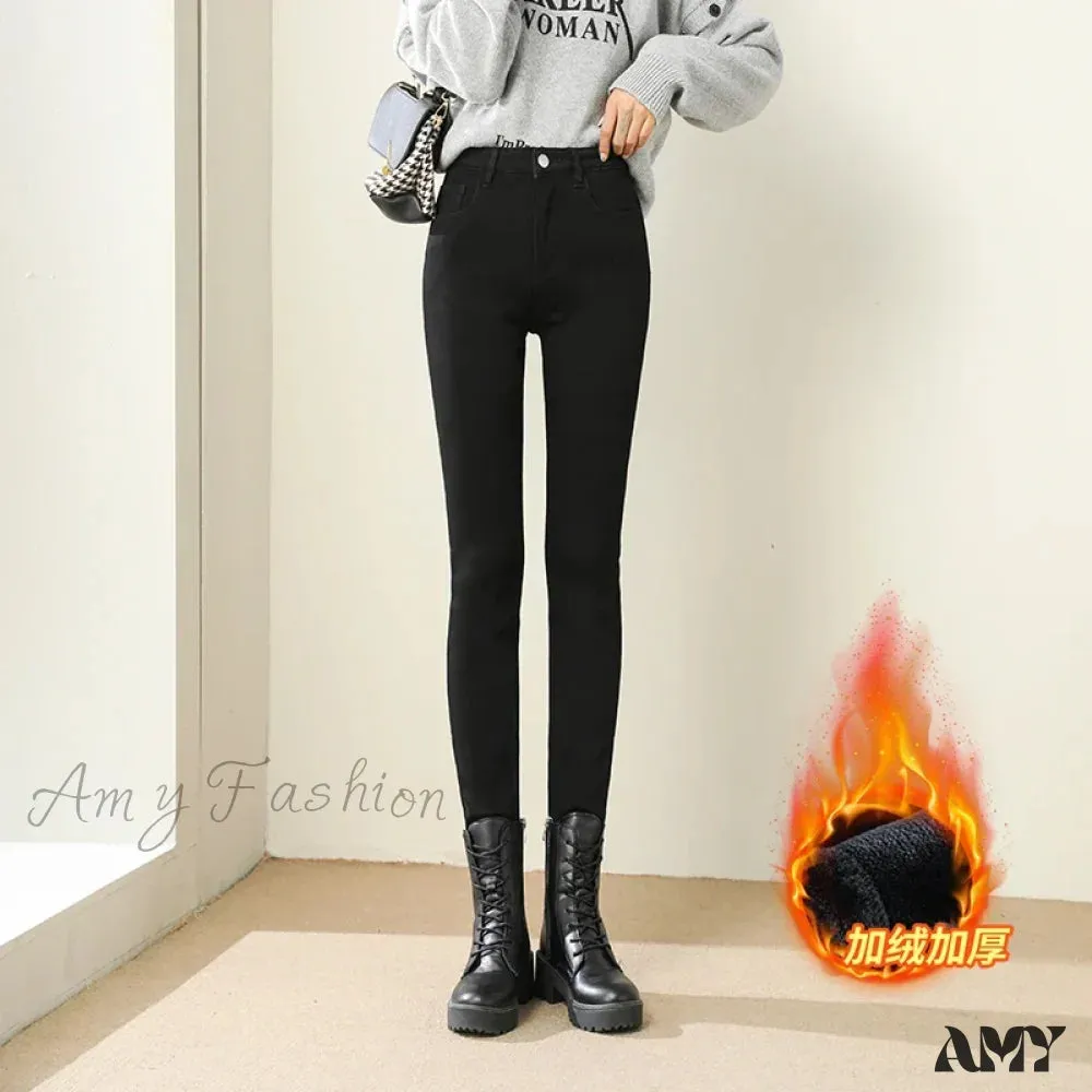 Amy Fashion - High Waist Fleece Lined Warm Slim Korean Casual Sexy Leggings Jean