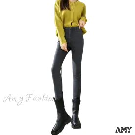 Amy Fashion - High Waist Fleece Lined Warm Slim Korean Casual Sexy Leggings Jean
