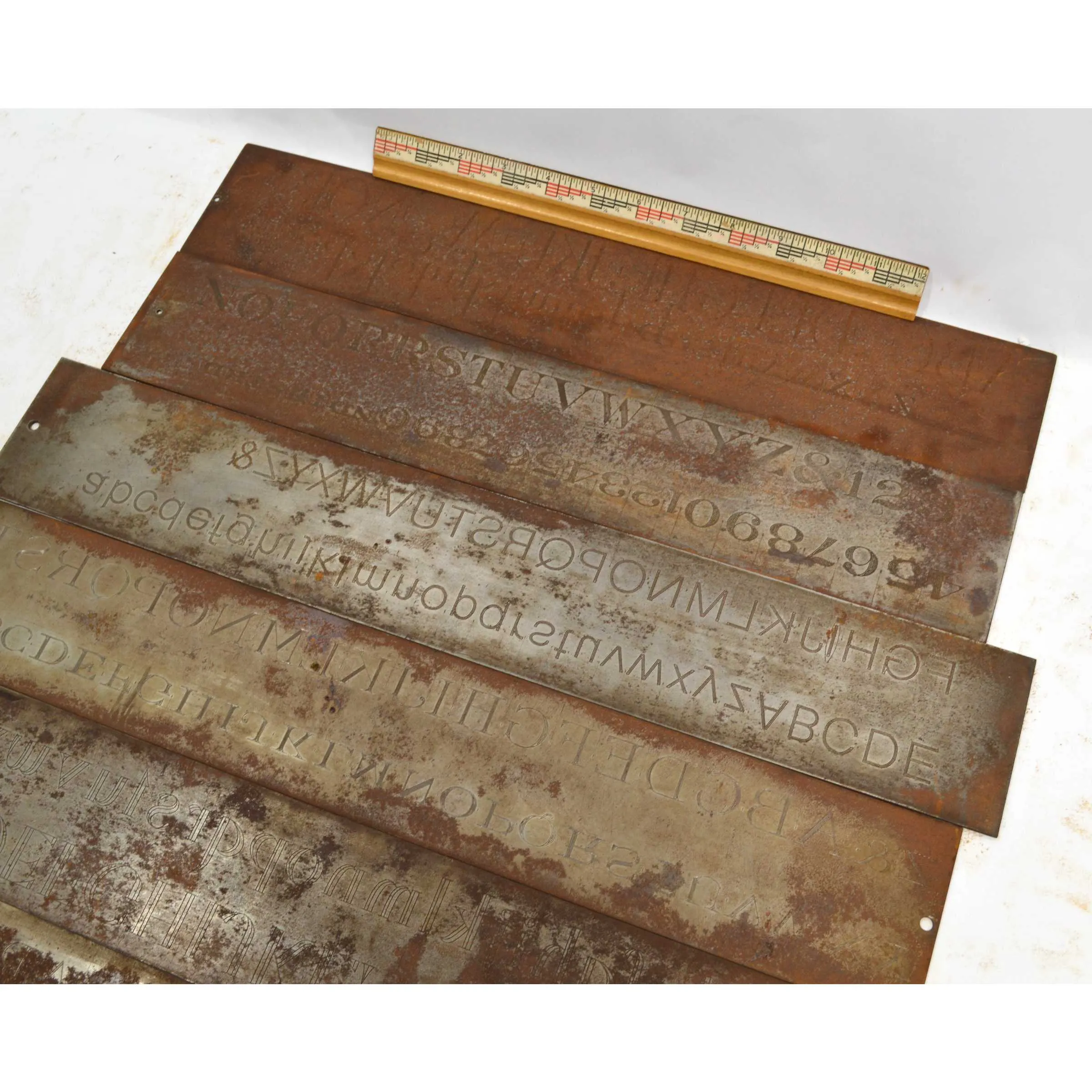 Antique CRONITE ENGRAVING FONT PLATE Lot of 6 ENGRAVER/PANTOGRAPH Plates *RUSTY*