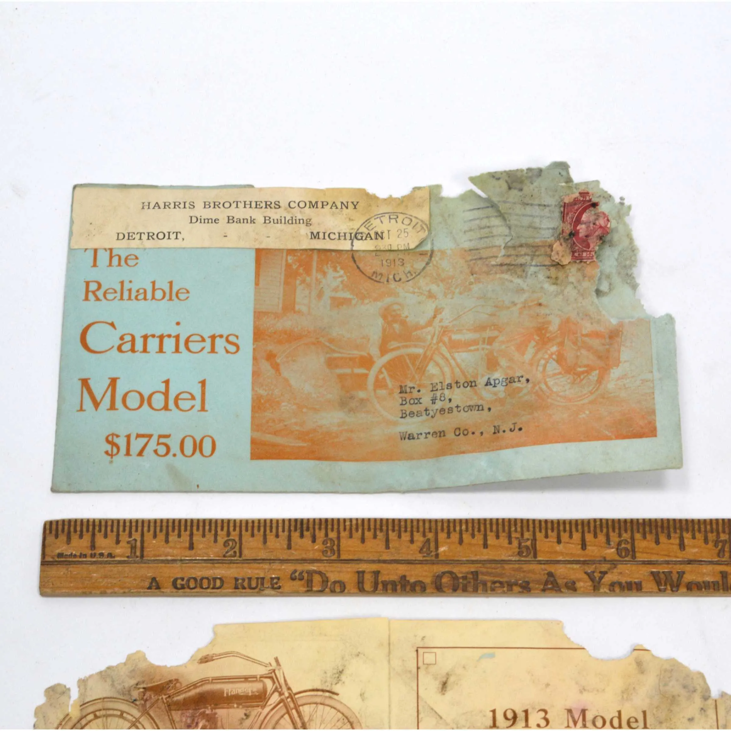 Antique MAIL AD EPHEMERA "1913 FLANDERS MOTORCYCLES" Harris Brothers   ENVELOPE!
