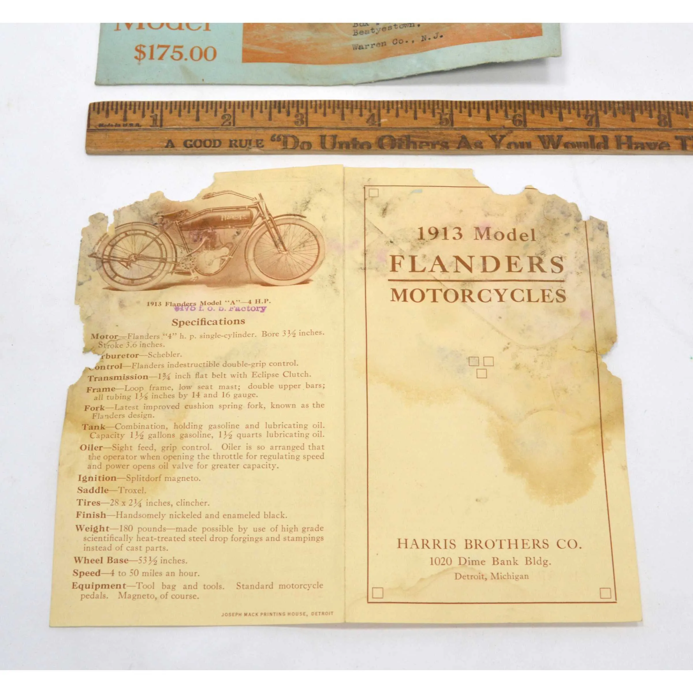 Antique MAIL AD EPHEMERA "1913 FLANDERS MOTORCYCLES" Harris Brothers   ENVELOPE!