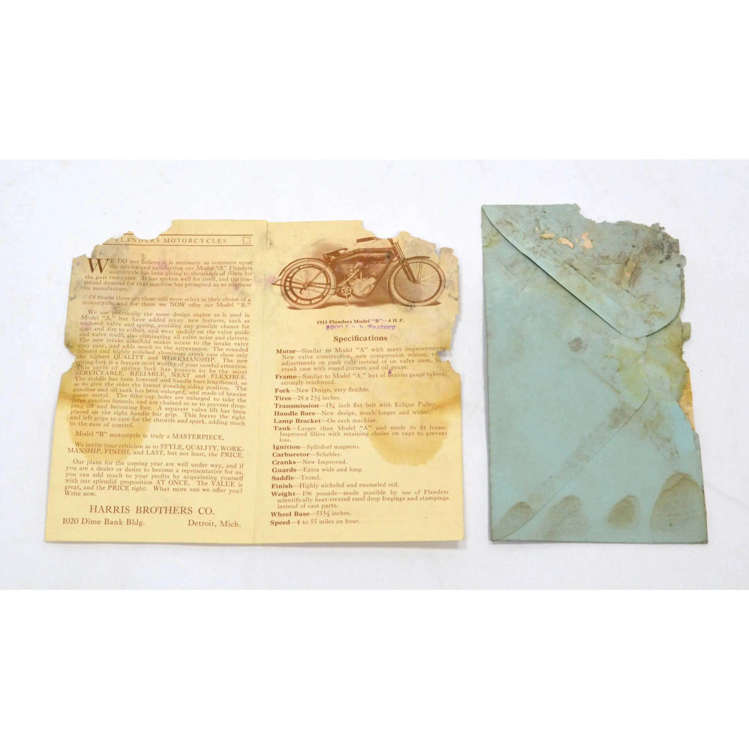 Antique MAIL AD EPHEMERA "1913 FLANDERS MOTORCYCLES" Harris Brothers   ENVELOPE!