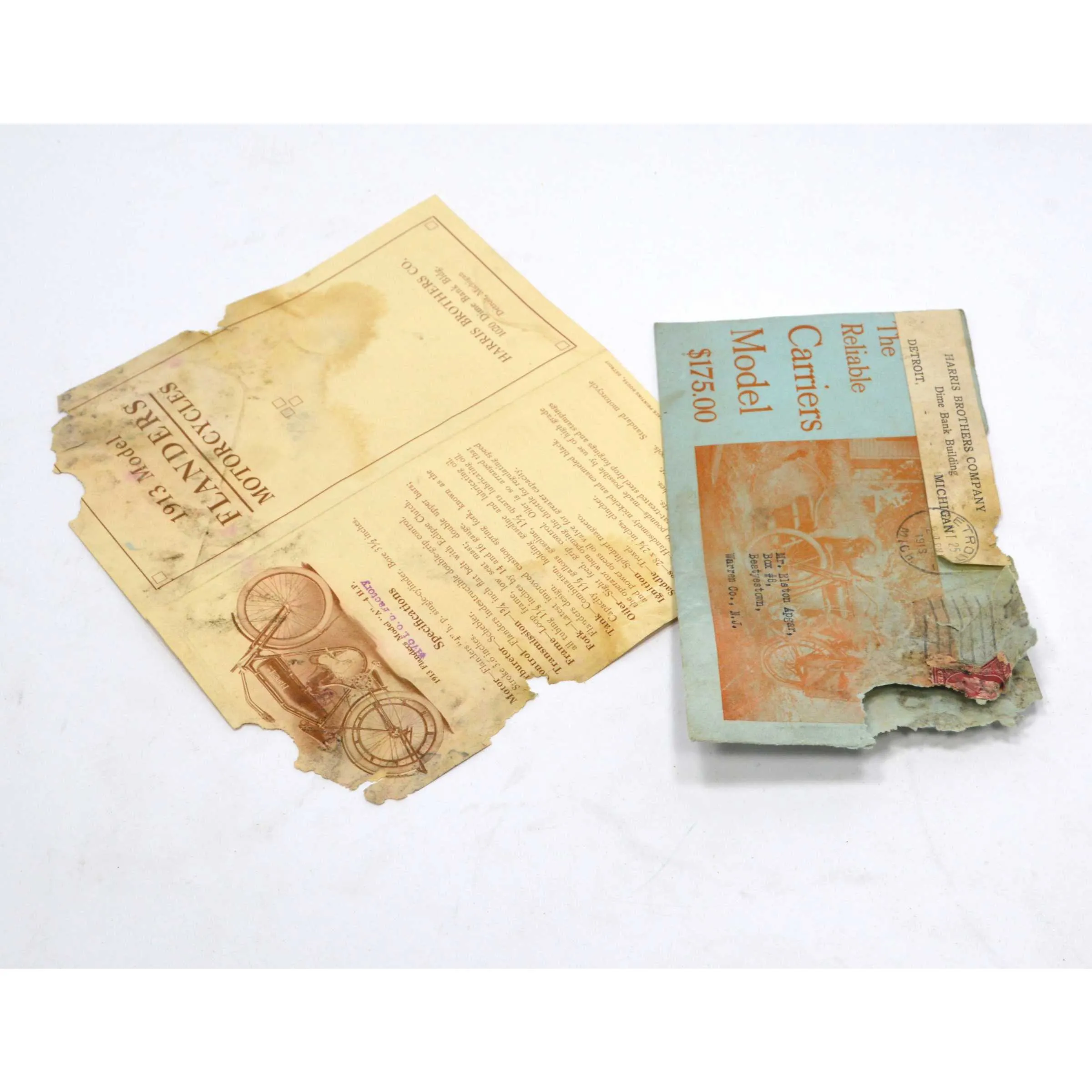 Antique MAIL AD EPHEMERA "1913 FLANDERS MOTORCYCLES" Harris Brothers   ENVELOPE!