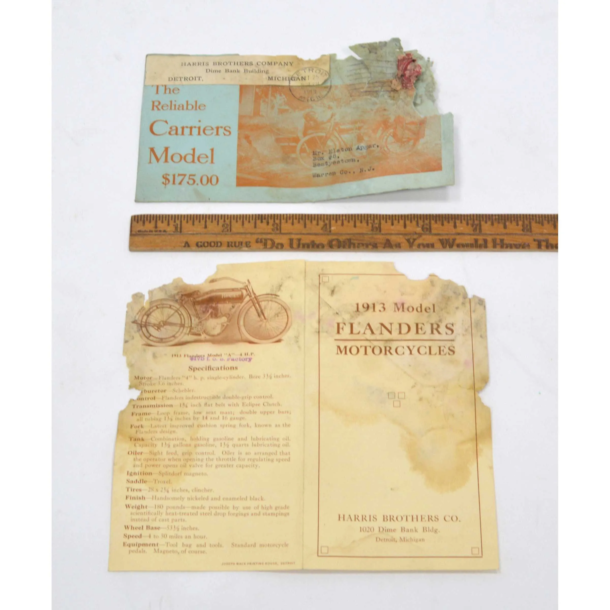 Antique MAIL AD EPHEMERA "1913 FLANDERS MOTORCYCLES" Harris Brothers   ENVELOPE!