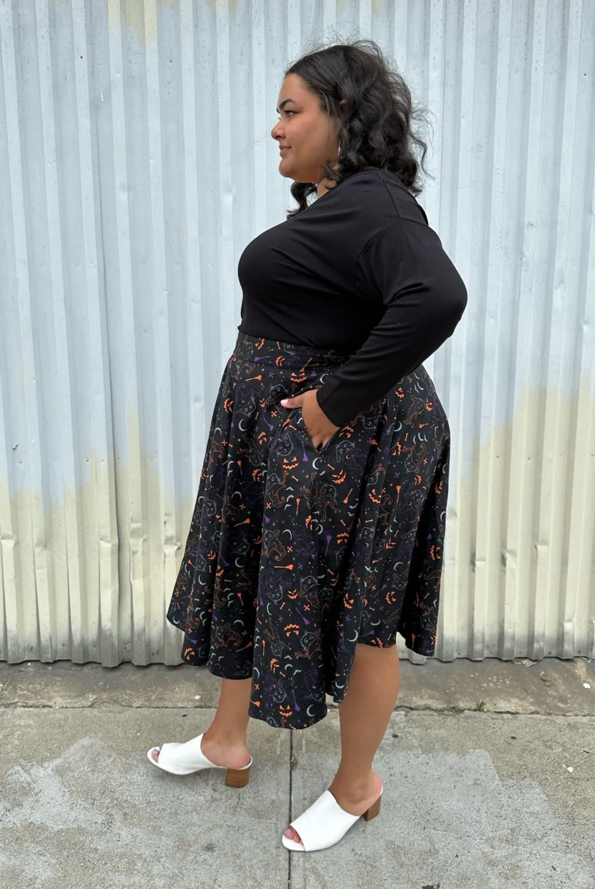 Banned Retro Black, Orange, Purple Kitty Witch Pattern Maxi Skirt, Size 4X