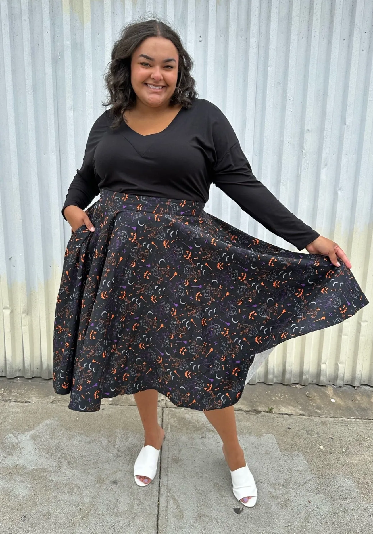 Banned Retro Black, Orange, Purple Kitty Witch Pattern Maxi Skirt, Size 4X