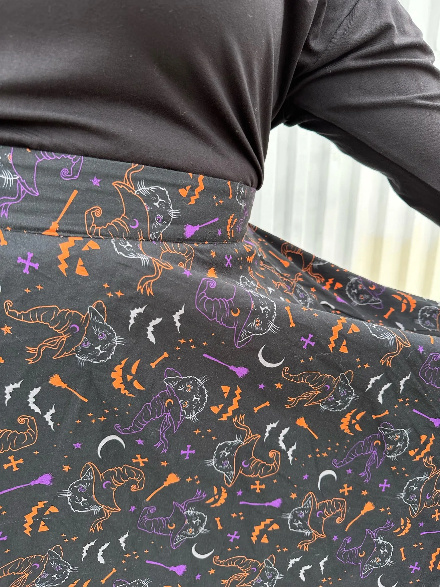 Banned Retro Black, Orange, Purple Kitty Witch Pattern Maxi Skirt, Size 4X