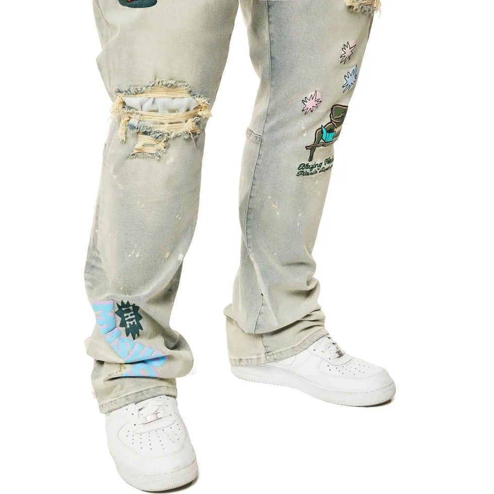 Big and Tall - Puff High Density Printed Stacked Denim Jeans - Ombre Blue