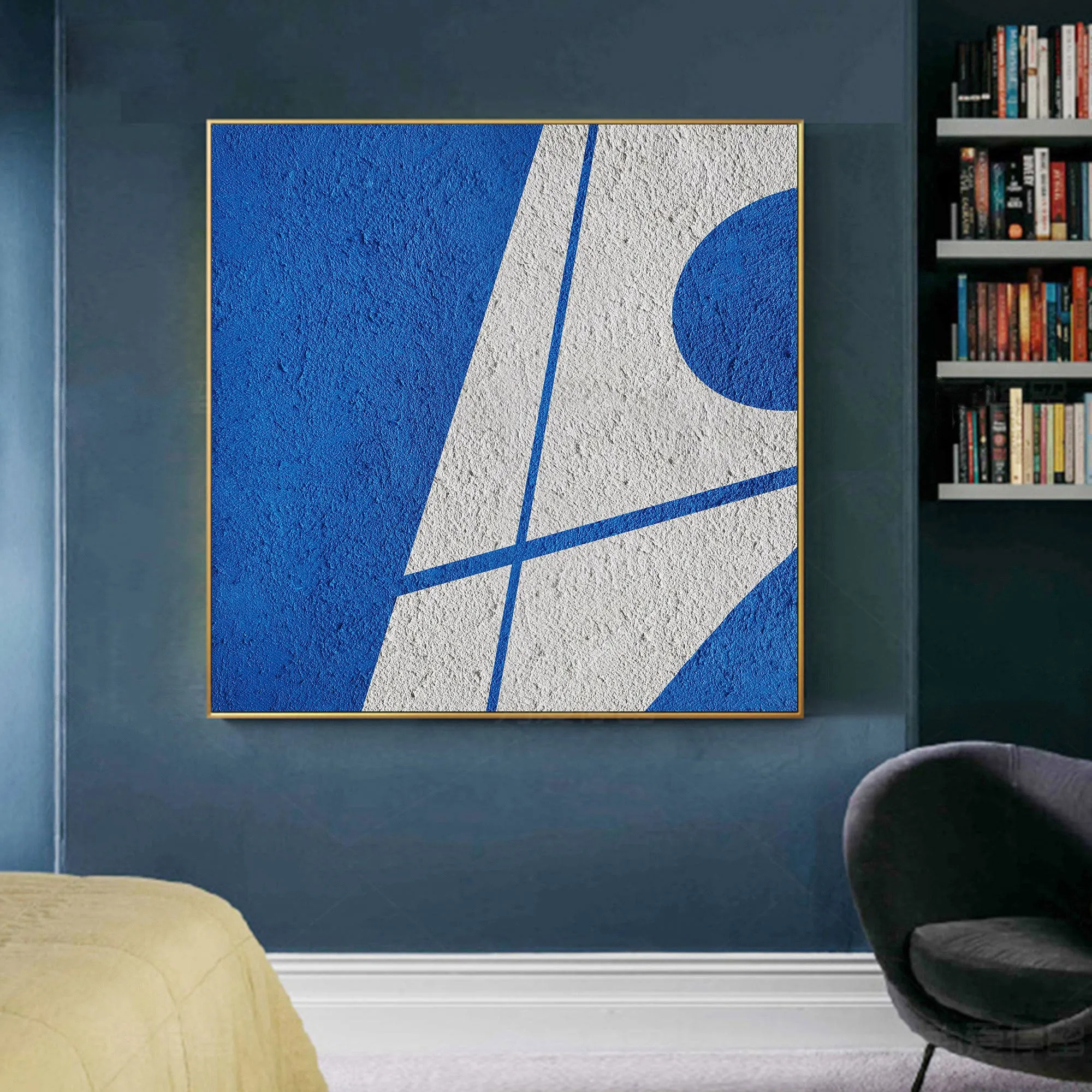 Blue Geometric Art Minimalist Painting White and Blue Op045