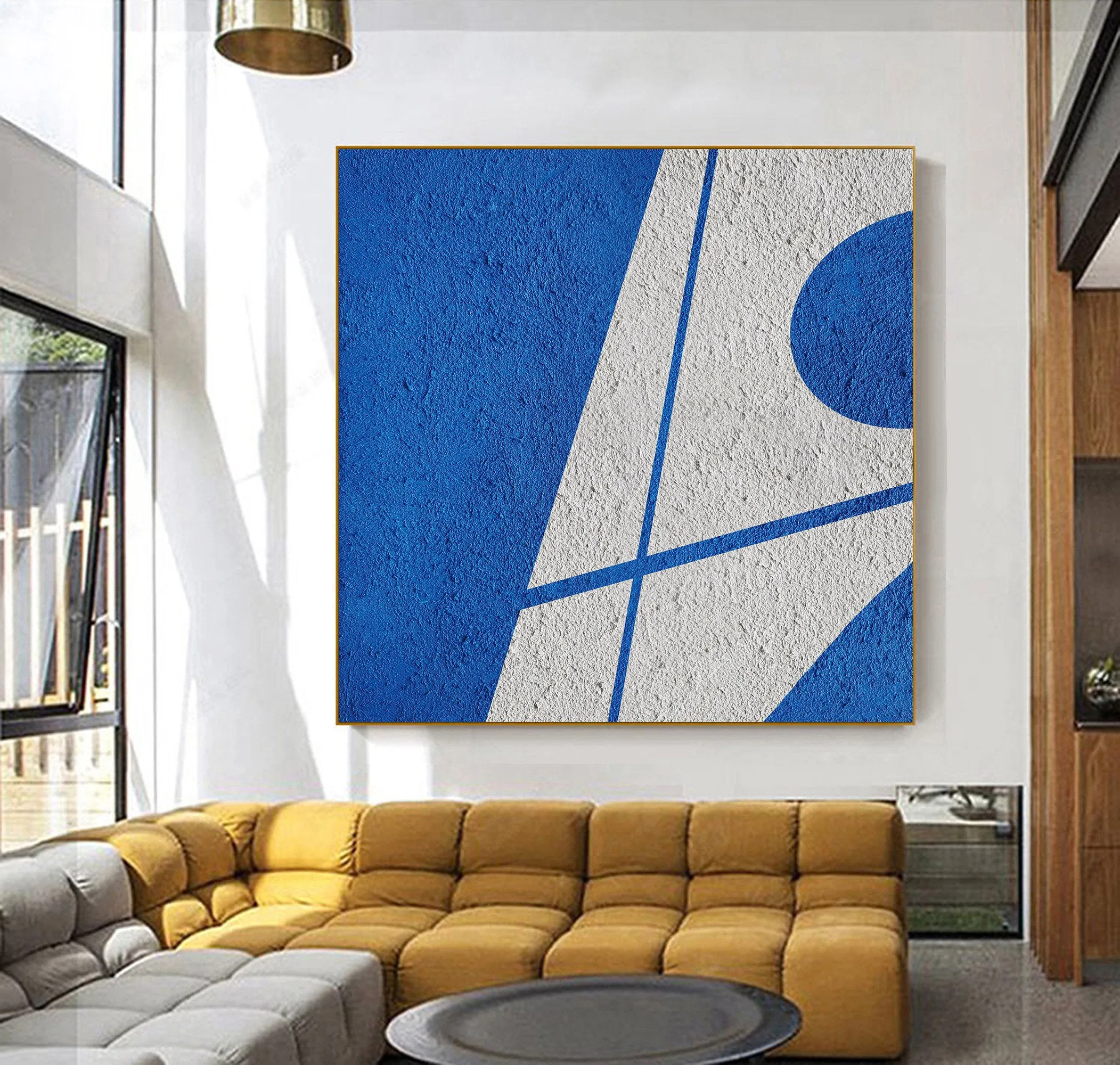 Blue Geometric Art Minimalist Painting White and Blue Op045