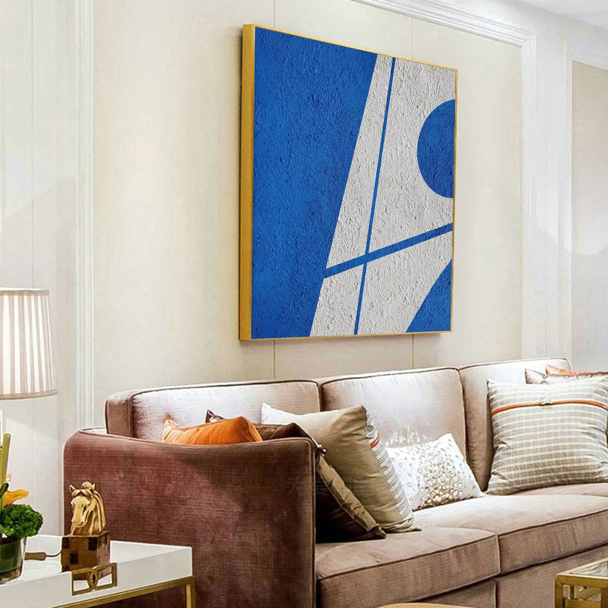 Blue Geometric Art Minimalist Painting White and Blue Op045