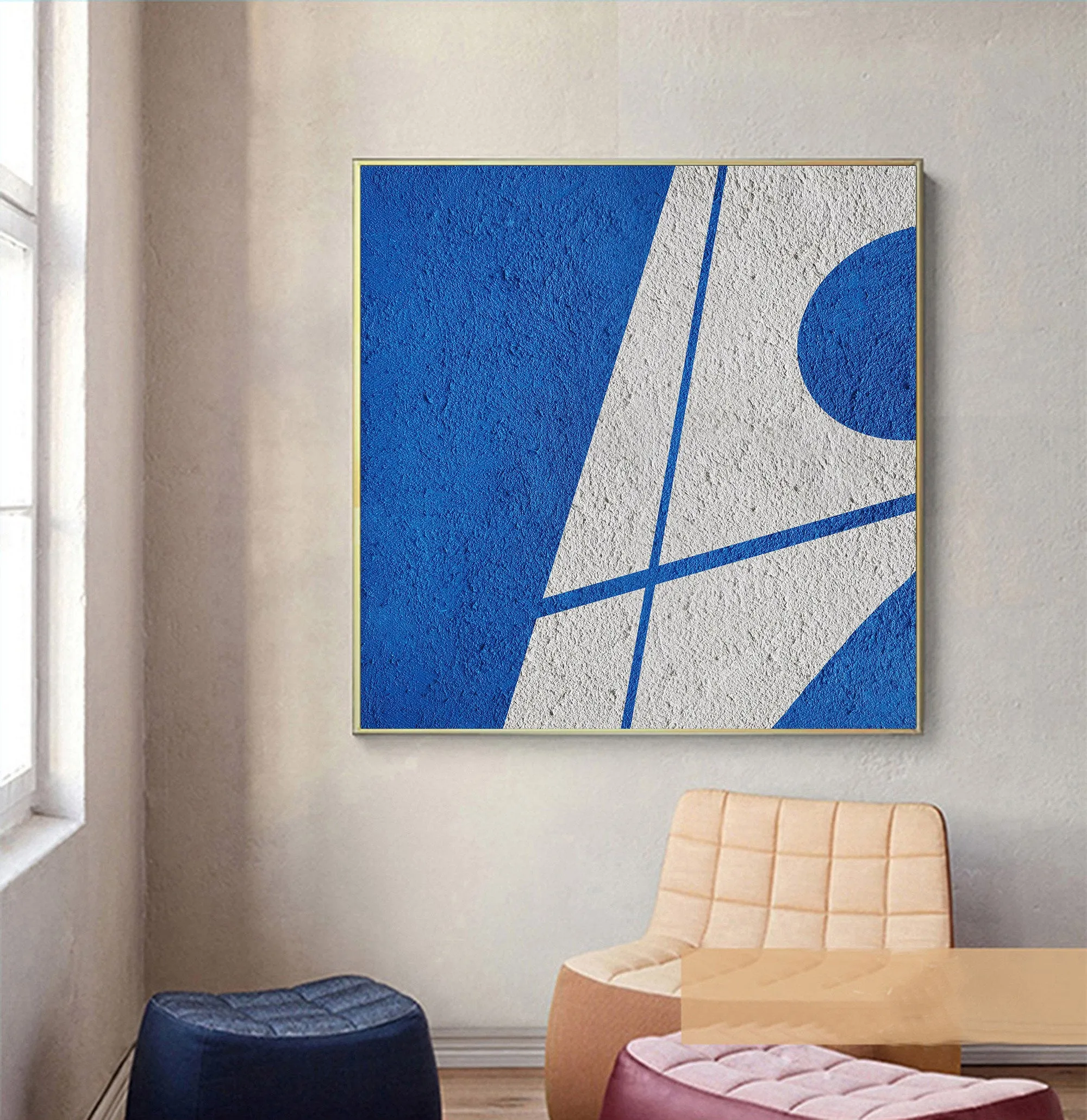 Blue Geometric Art Minimalist Painting White and Blue Op045