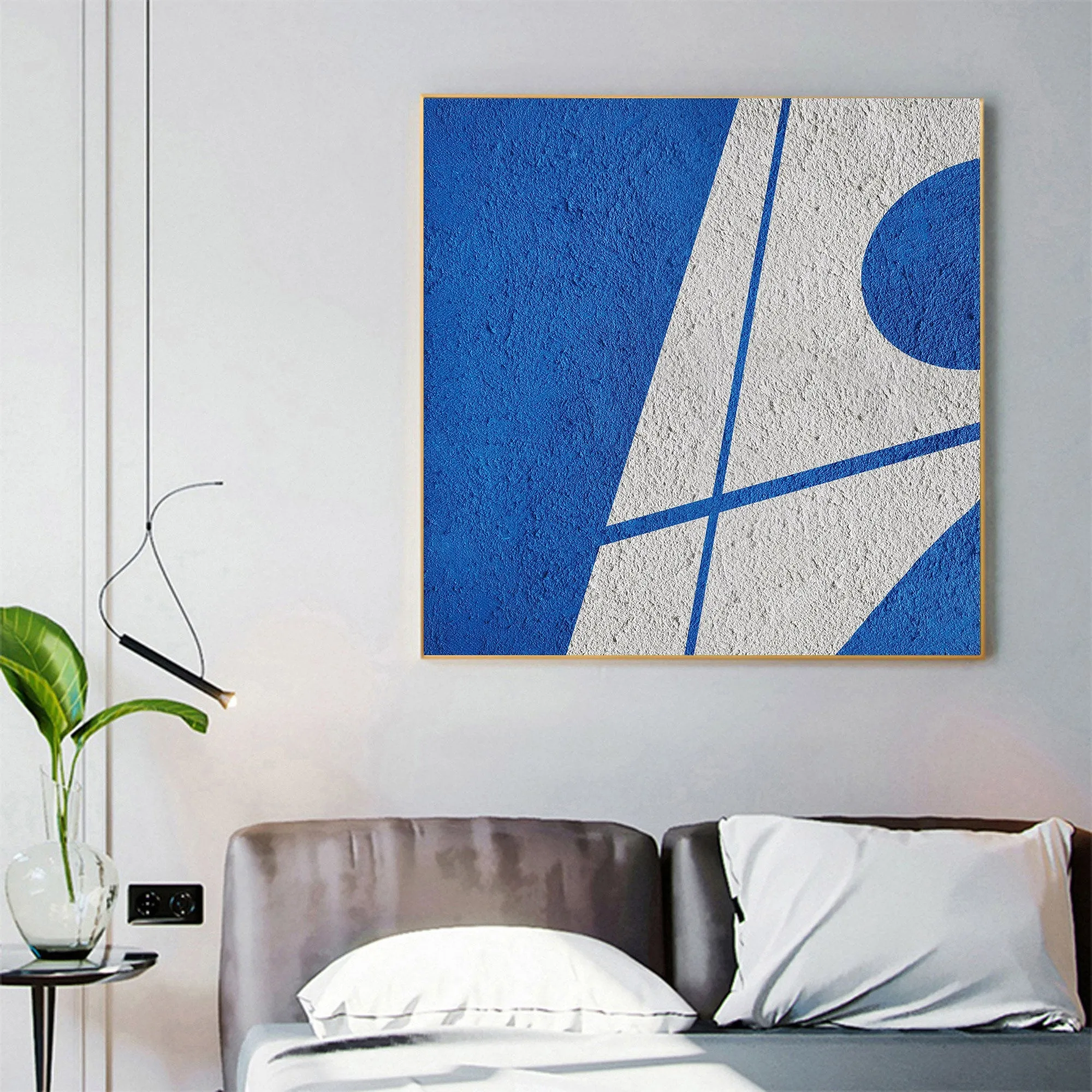 Blue Geometric Art Minimalist Painting White and Blue Op045