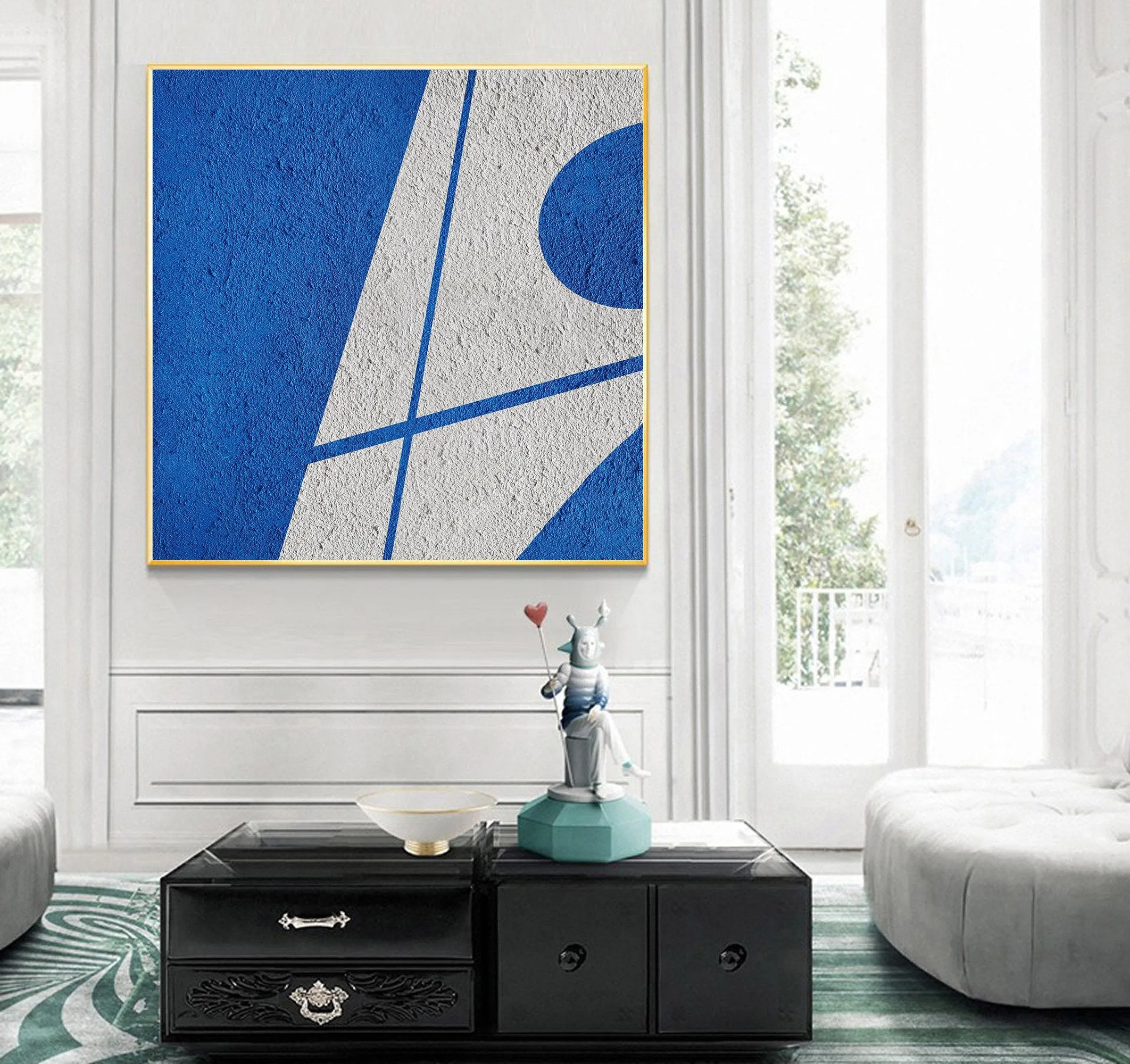 Blue Geometric Art Minimalist Painting White and Blue Op045