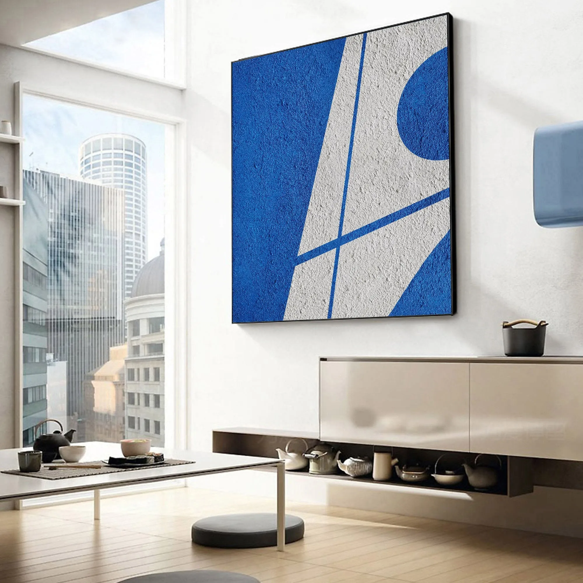 Blue Geometric Art Minimalist Painting White and Blue Op045