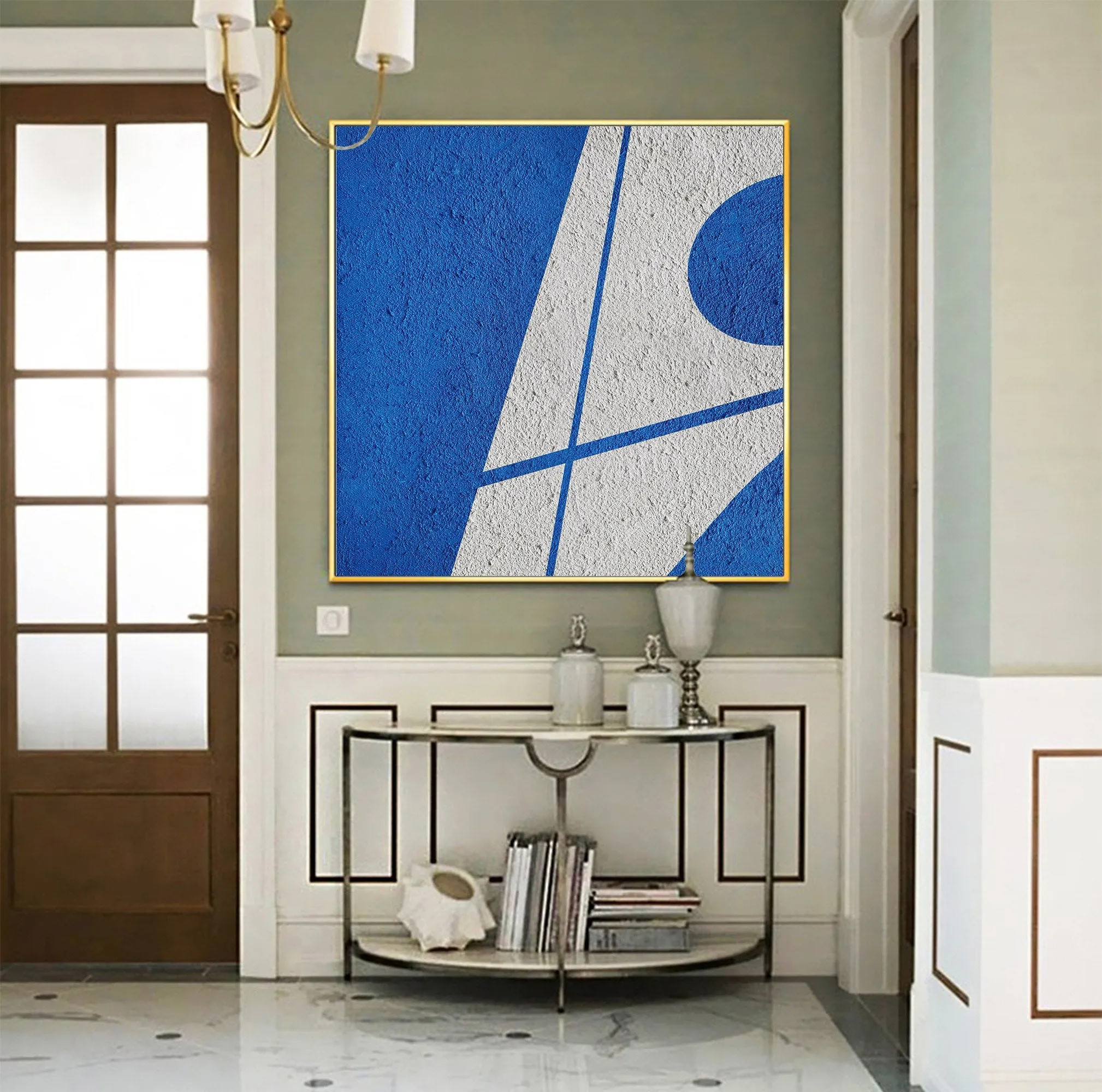 Blue Geometric Art Minimalist Painting White and Blue Op045