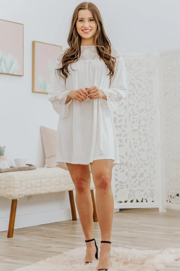 Brighter Days Lace Contrast 3/4 Sleeve Short Dress in White