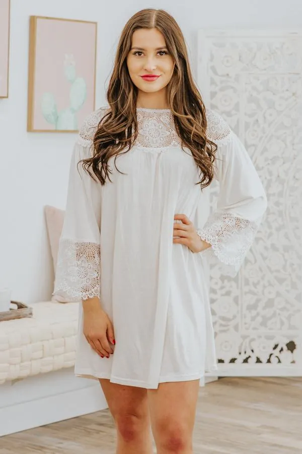 Brighter Days Lace Contrast 3/4 Sleeve Short Dress in White