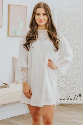 Brighter Days Lace Contrast 3/4 Sleeve Short Dress in White