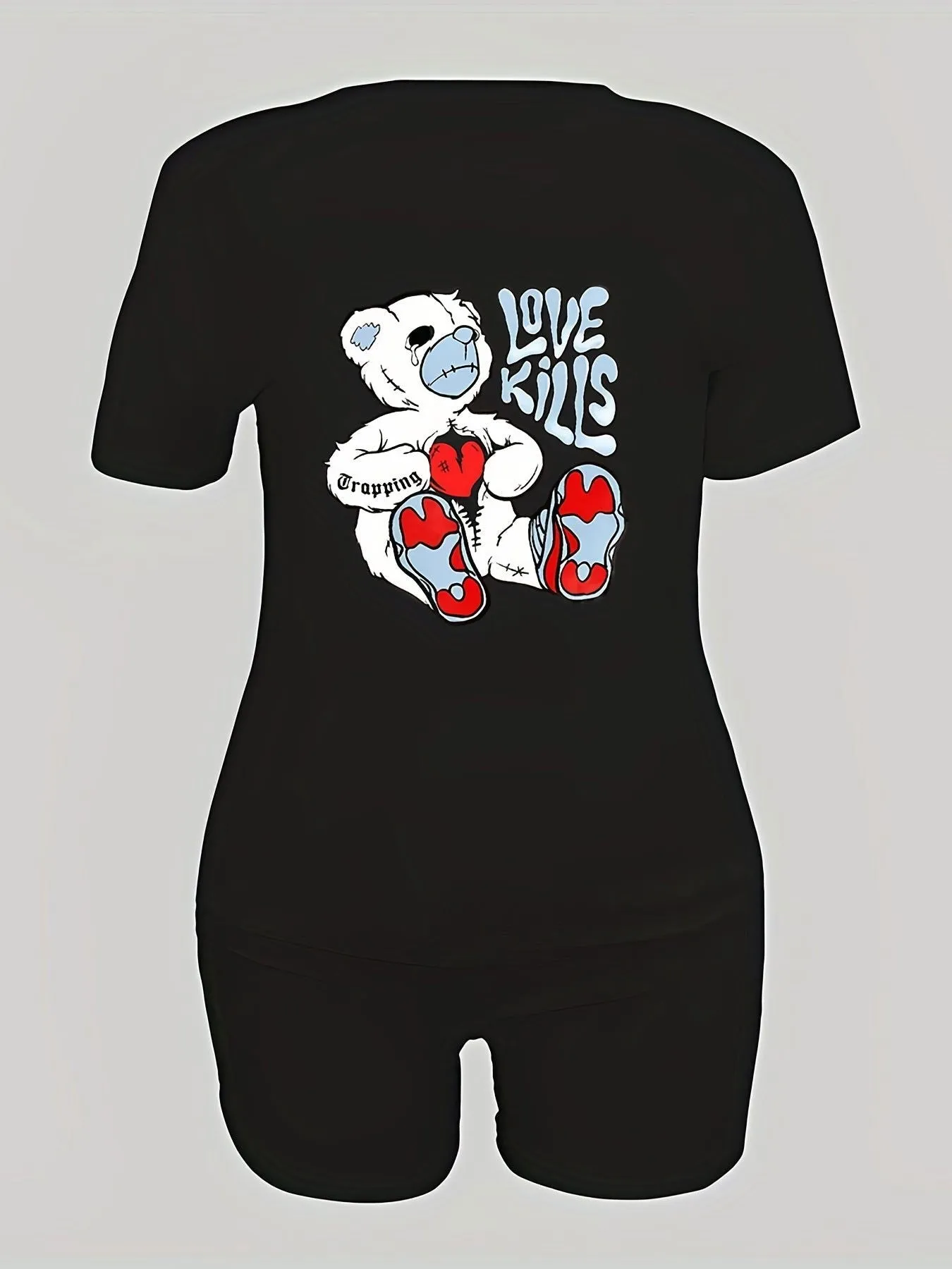 Broken Heart Bear Motif Crop T-shirt and Mini Shorts