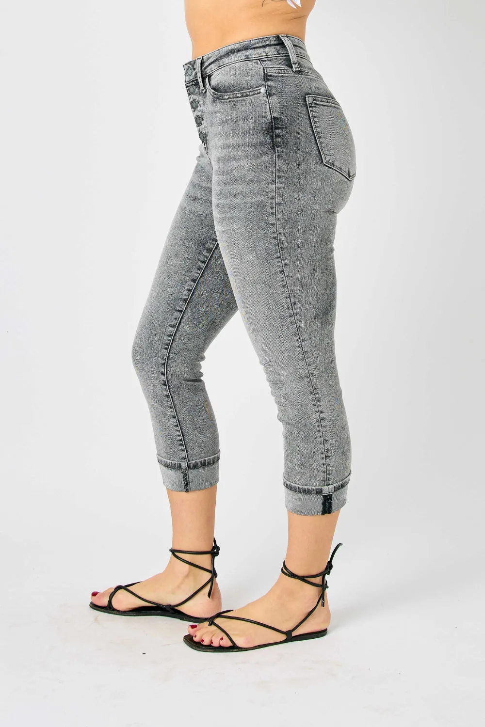 Button Fly High Waist Cuffed Denim Capris in Gray