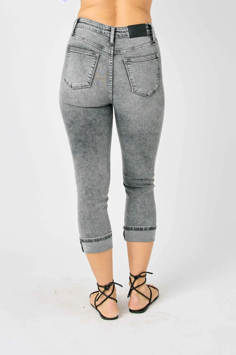 Button Fly High Waist Cuffed Denim Capris in Gray