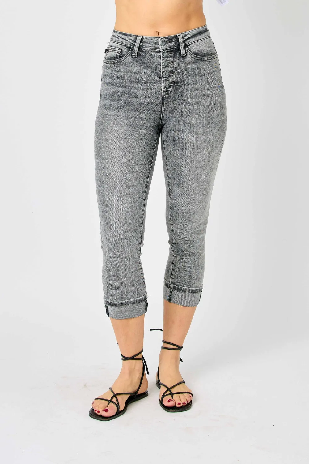 Button Fly High Waist Cuffed Denim Capris in Gray