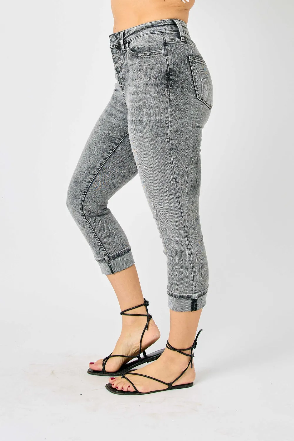 Button Fly High Waist Cuffed Denim Capris in Gray