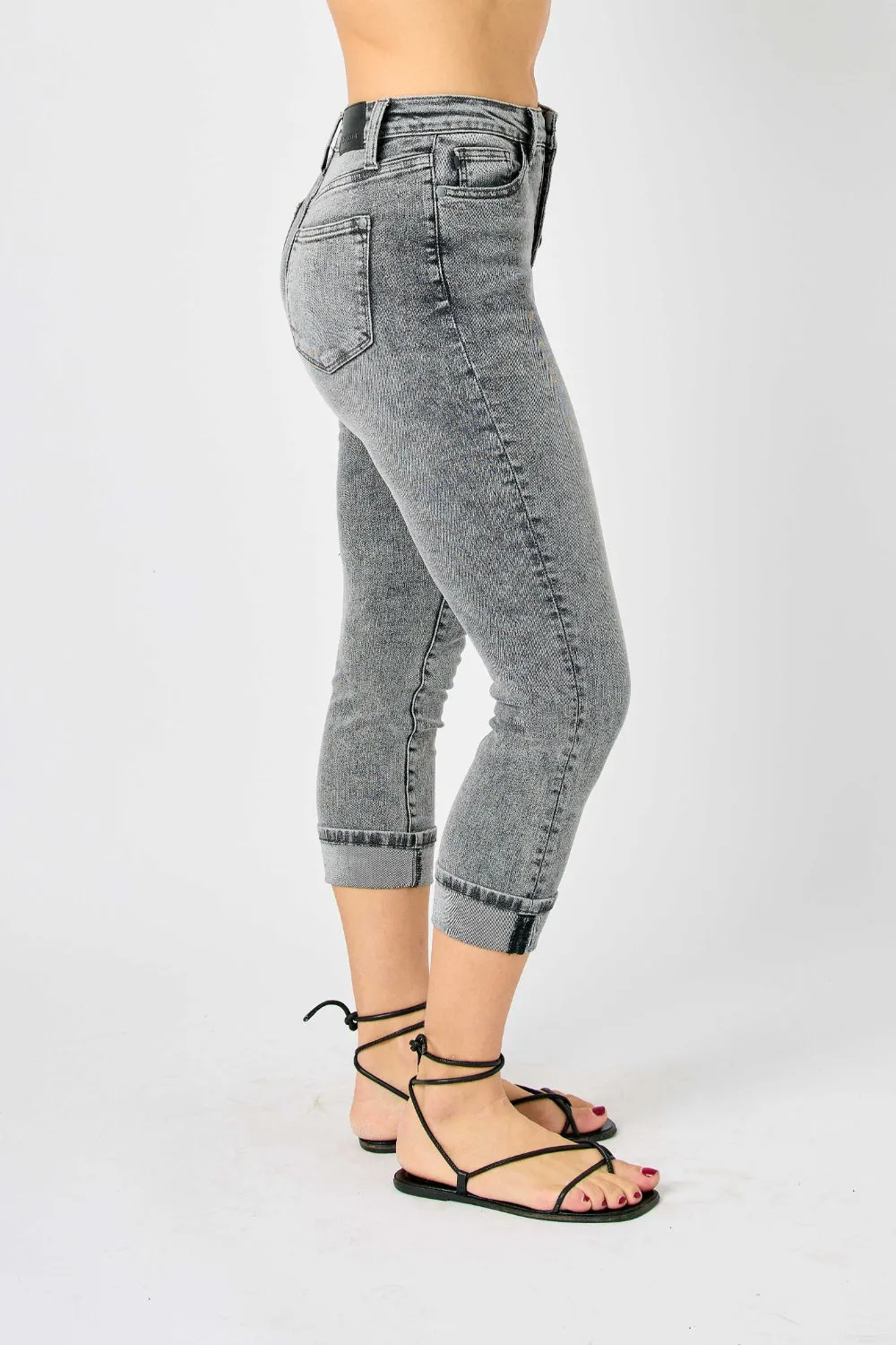 Button Fly High Waist Cuffed Denim Capris in Gray