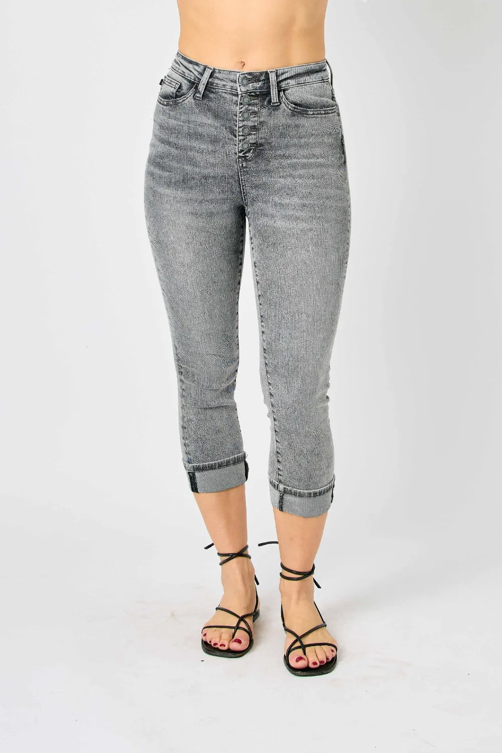 Button Fly High Waist Cuffed Denim Capris in Gray