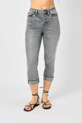 Button Fly High Waist Cuffed Denim Capris in Gray