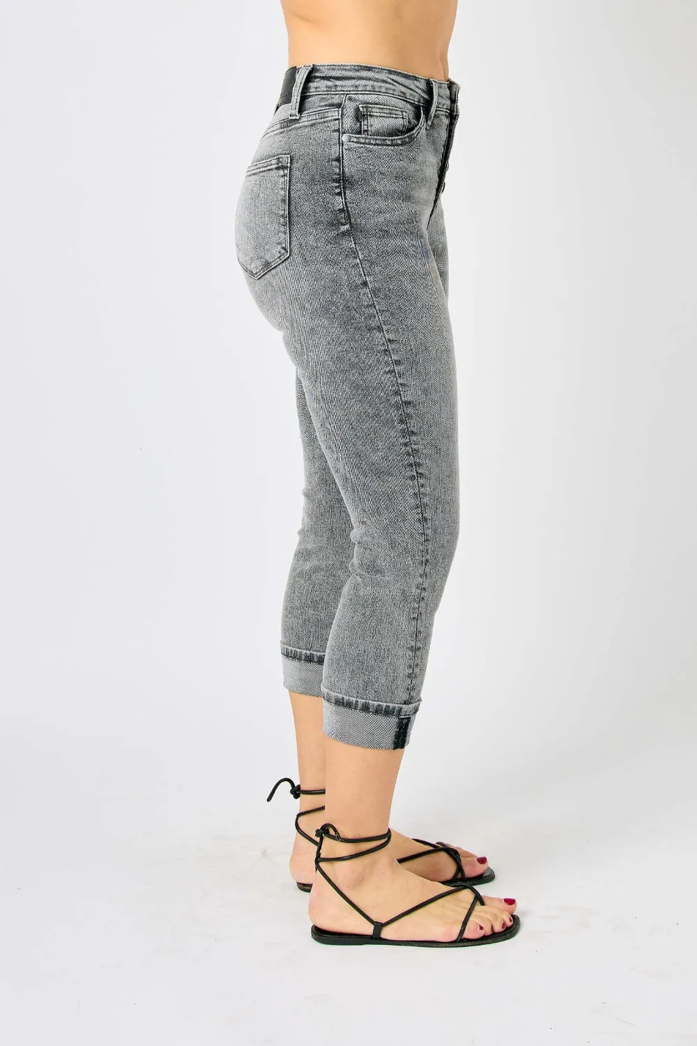 Button Fly High Waist Cuffed Denim Capris in Gray