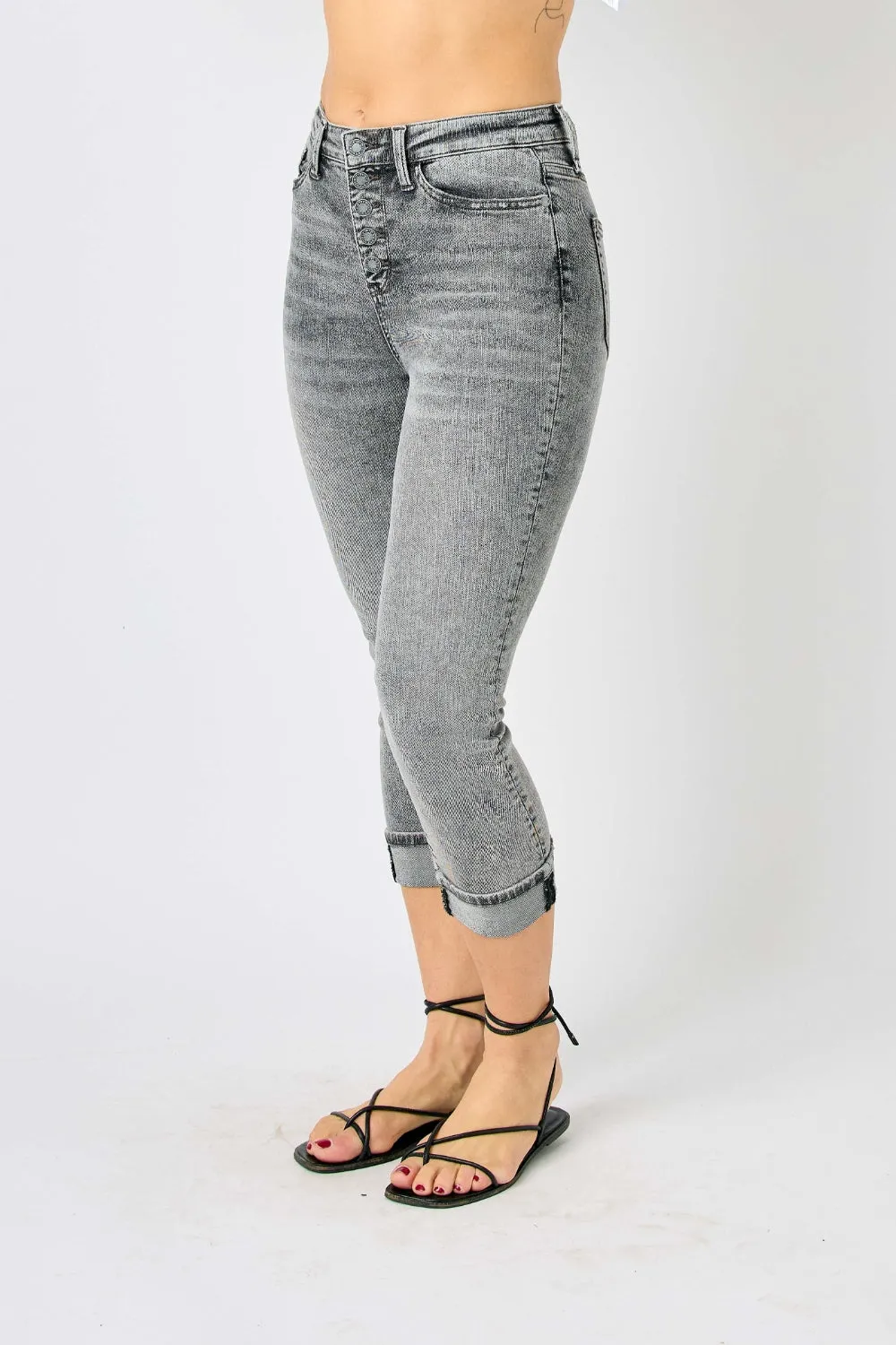 Button Fly High Waist Cuffed Denim Capris in Gray