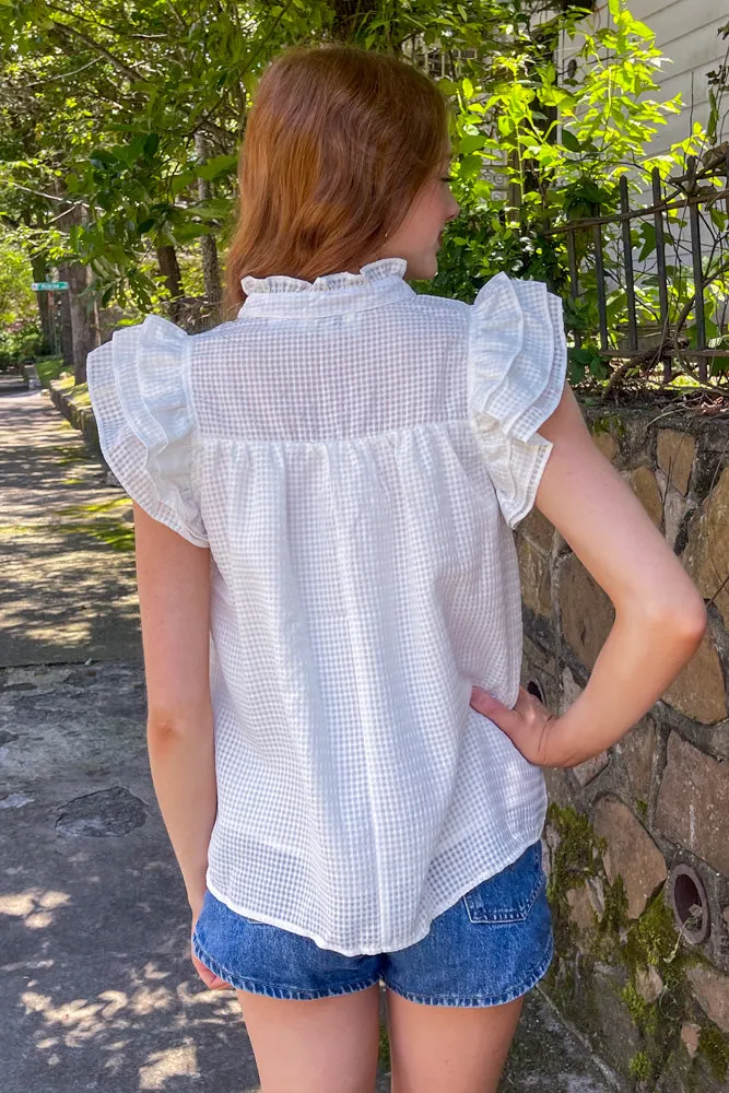 Casually Chic Flutter Sleeve Gingham Top-Off White