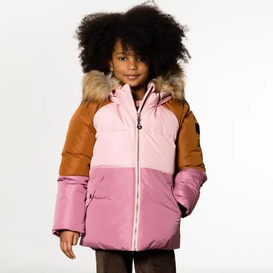 Colorblock Hooded Faux-Fur Winter Puffer Parka in Pink and Brown