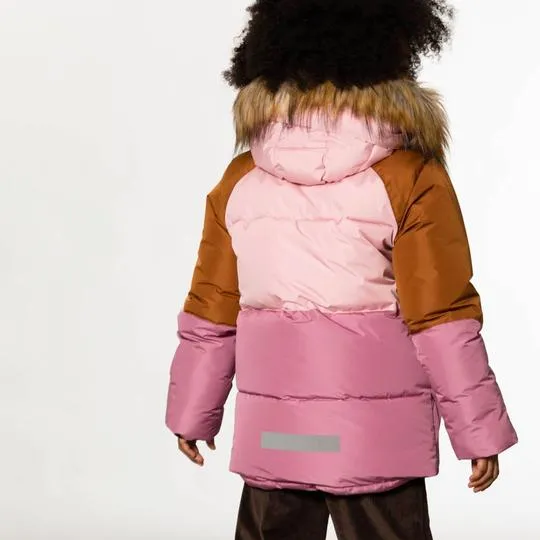 Colorblock Hooded Faux-Fur Winter Puffer Parka in Pink and Brown
