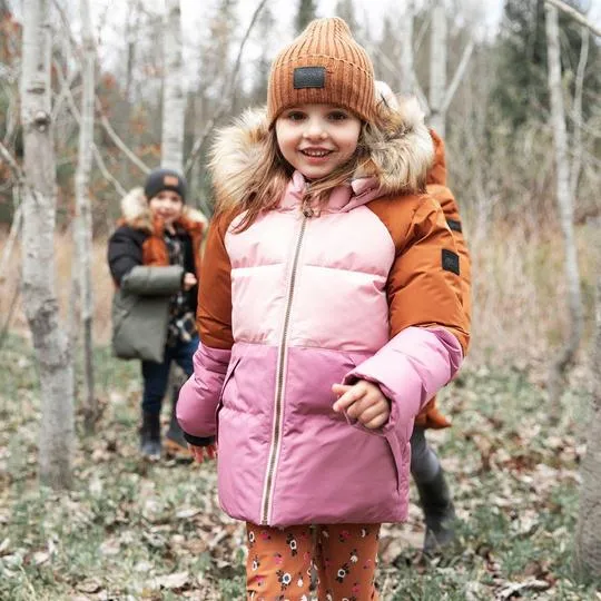 Colorblock Hooded Faux-Fur Winter Puffer Parka in Pink and Brown