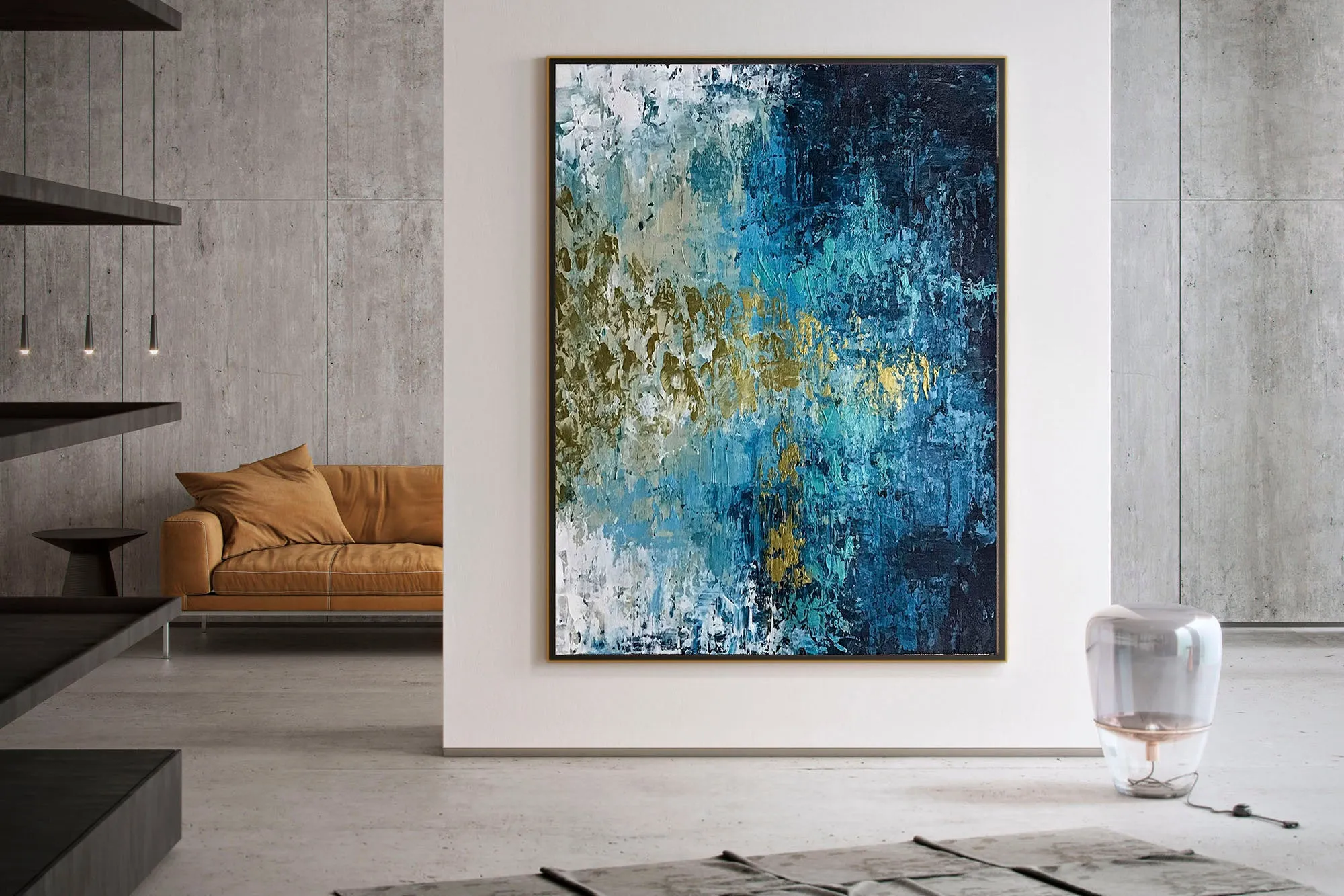 Deep Blue Gold Abstract Paitning Living Room Wall Art Fp087