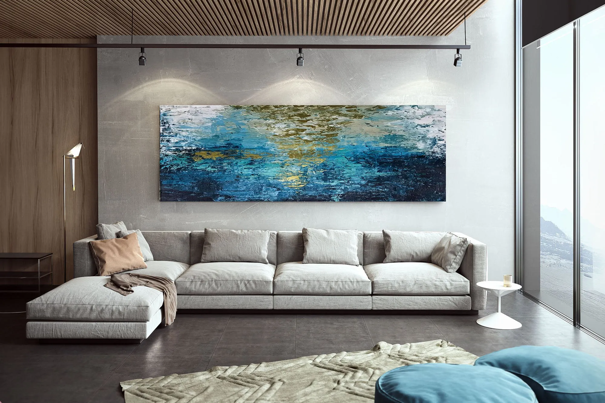 Deep Blue Gold Abstract Paitning Living Room Wall Art Fp087