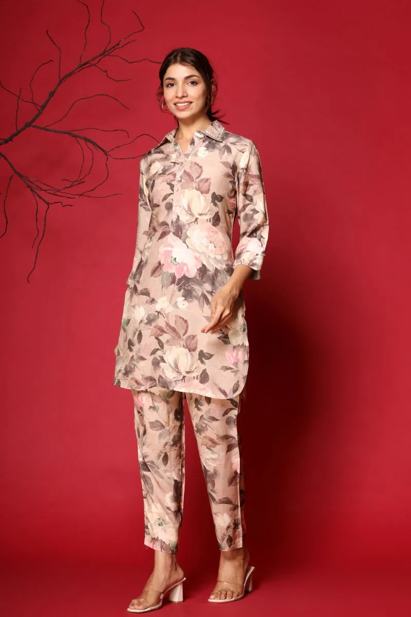 Digital Print Muslin Co Ords Set with Pearl and Sequins work.