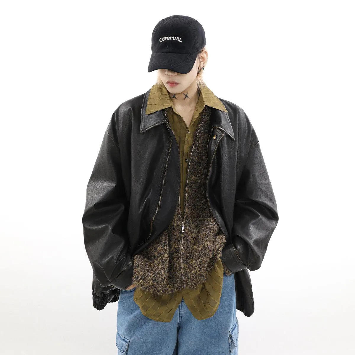 Distressed Gartered Hem Faux Leather Jacket